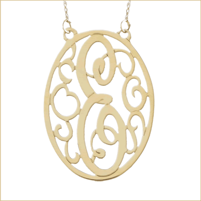 Gold oval scroll initial monogram pendant