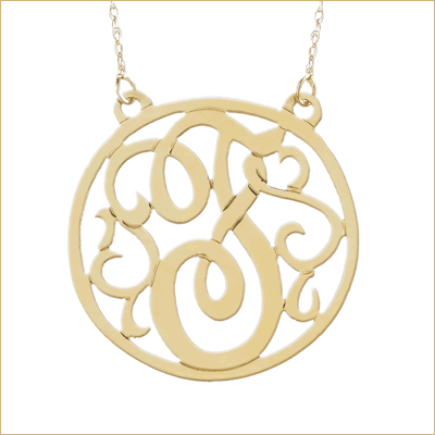 Gold circle scroll initial monogram pendant